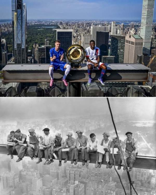 Prepare the final! Palmer and Dembele took a photo with the Club World Cup trophy at altitude in New York